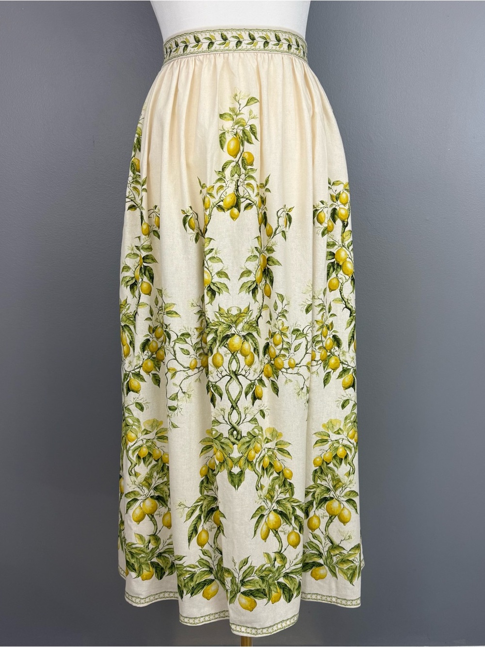 Max Studio London Lemon Print Maxi Skirt Small Linen Blend NWT Beige Yellow